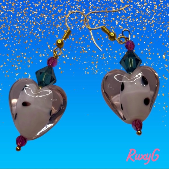 Handmade Heart Earrings with Pink , Gray and Gold Accents w/ Swarovski crystals - Picture 7 of 7